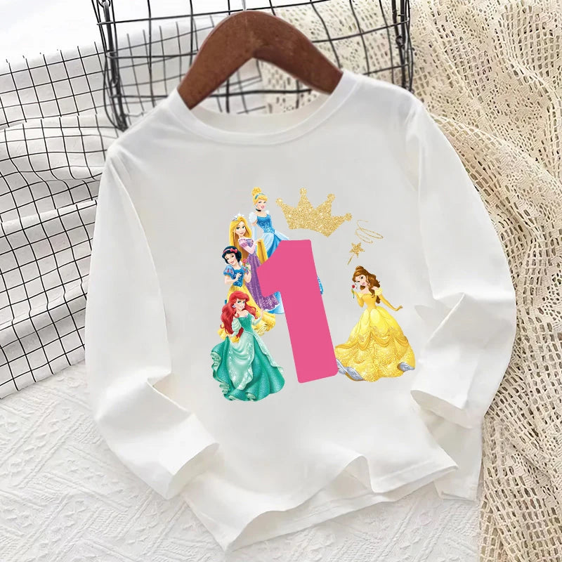 Different Princess Snow White Belle Number  Kids T shirt 1 2 3 4 5 6 7 8 9 Years Birthday Long Sleeve Baby Girls Clothes T-Shirt