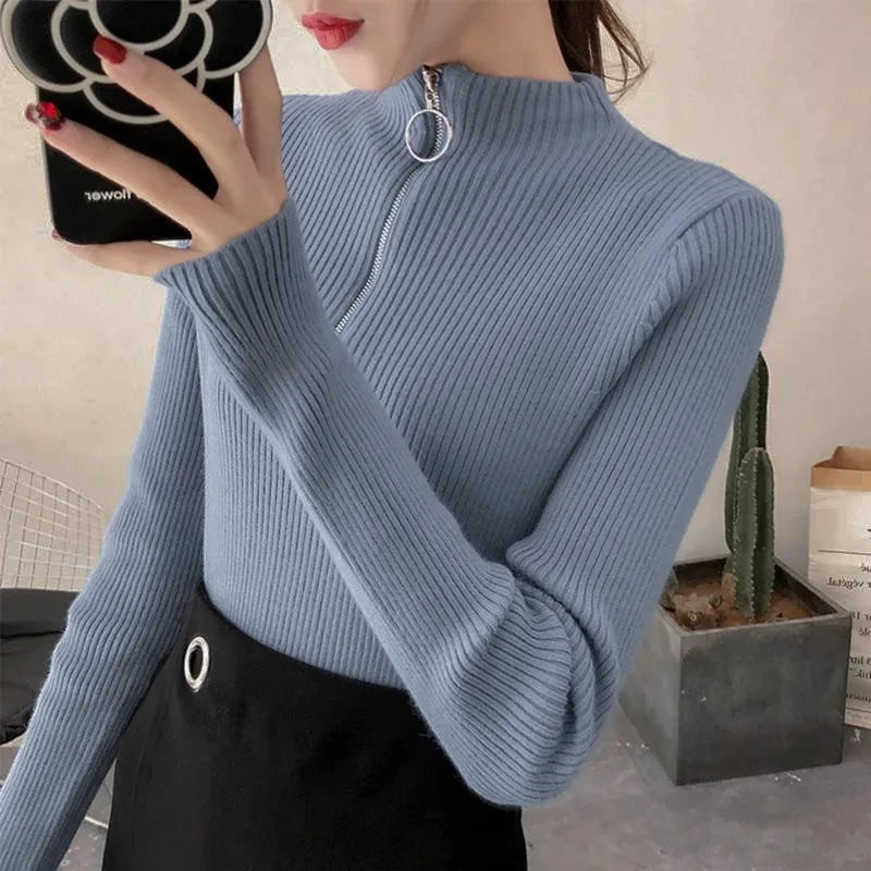 Basic High Neck Zipper Knit Sweater