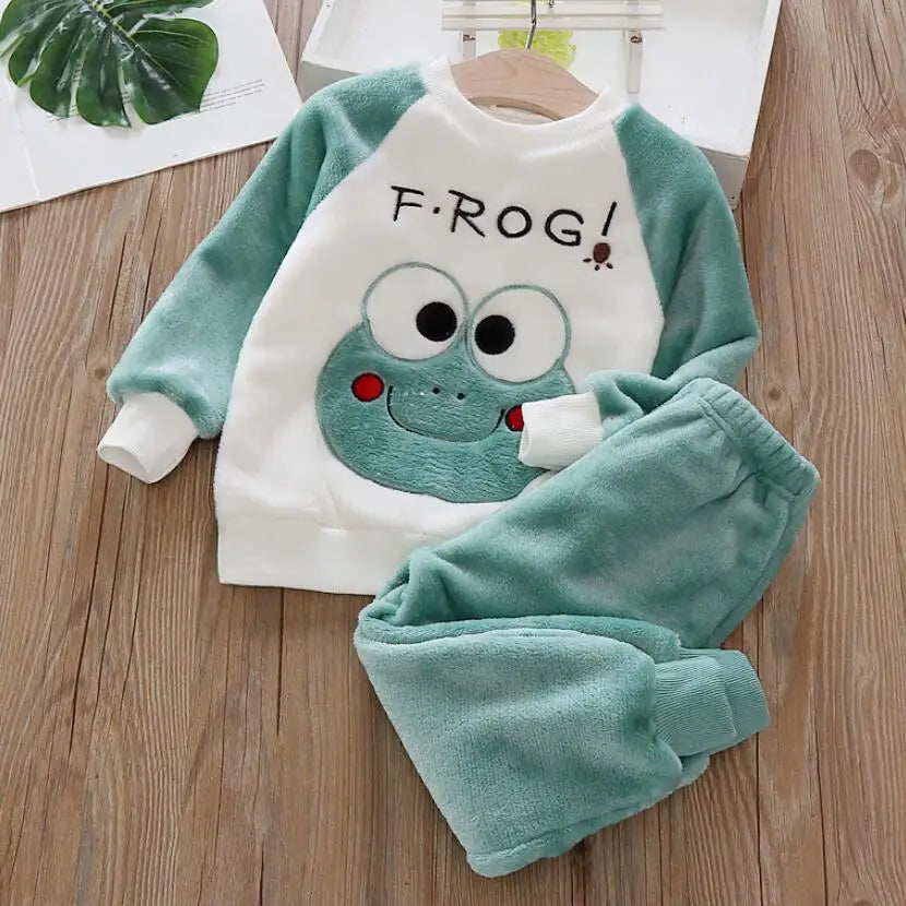 Boys Coral Fleece Pajama Sets Plus Velvet Thick Flannel Homewear Children Winter Warm Sleepwear Suit 2Pcs Girls Pantsuit