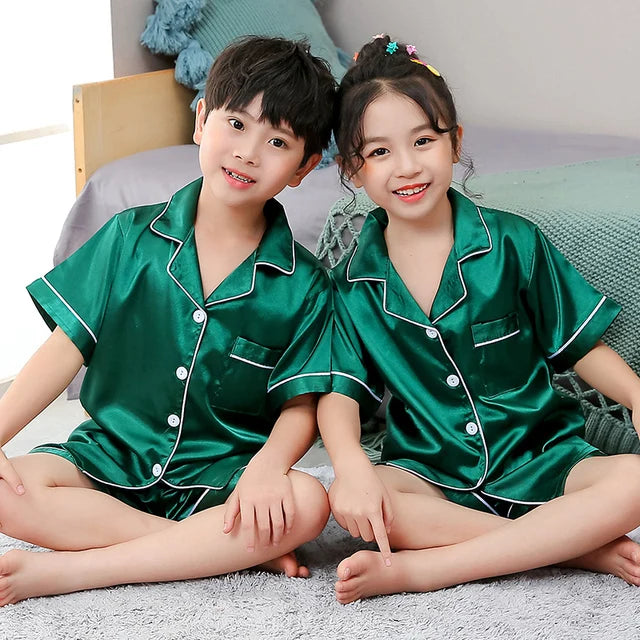 Satin Silk Pajama Set for Kids Boys Girl Long SLeeved Pijamas Children Silky Loungewear Teen Girl Pjs 2 to 4 6 8 10 12 14 Years