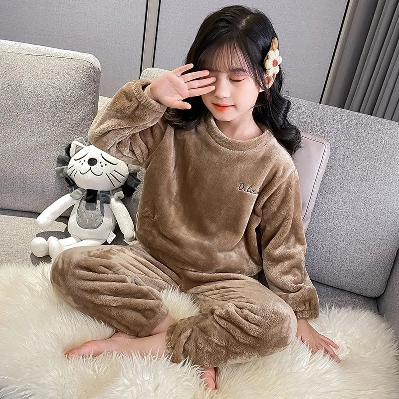 2pcs Boy Girl Kids Fall Winter Sleepwear Toddler Children Baby Coral Fleece Warm Sweatshirt Pant Set Flannel Pajama Pullover Top