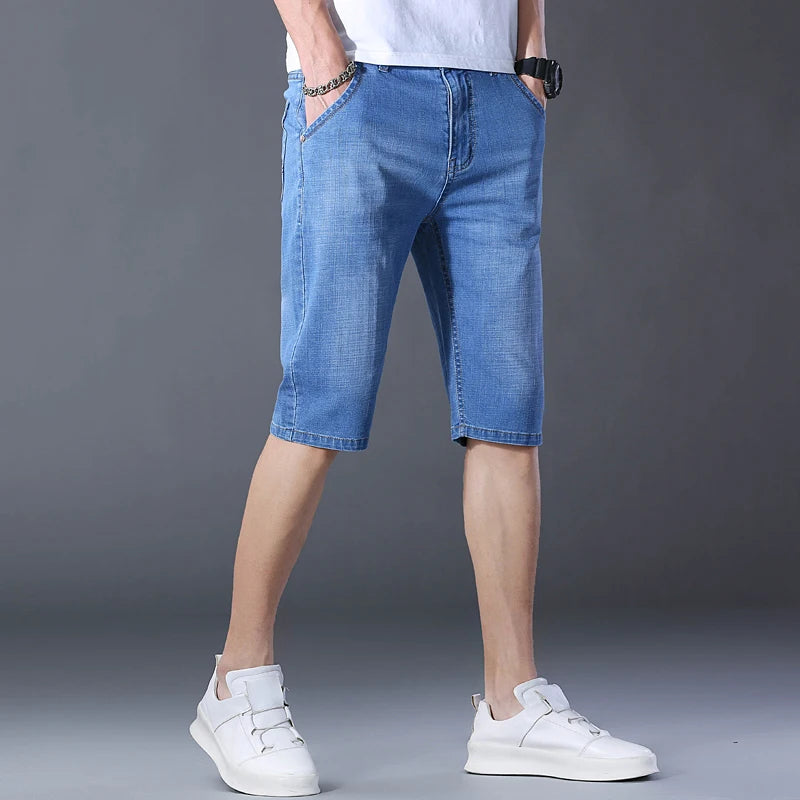 2024 Mens Casual Knee Length Denim Shorts Elastic Straight Brand Cotton Jeans Street Style Fashion Solid Color Short Jeans