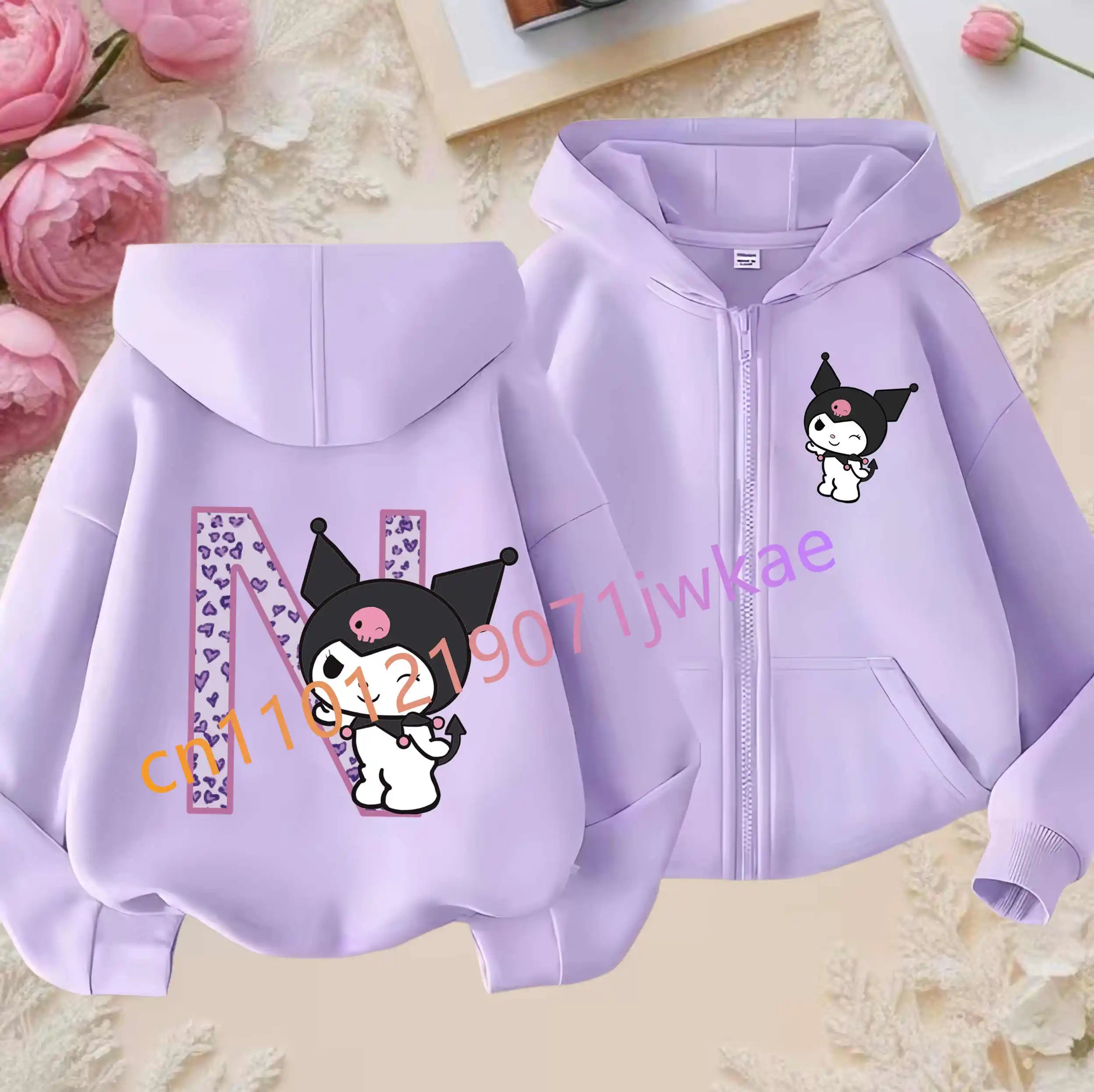 Kuromi Jacket ‌Princess Coat Cartoon Letter A-Z Sanrios Kids Hooded Sweatshirt Cute Tops Outerwear Girl Clothes Birthday Gift