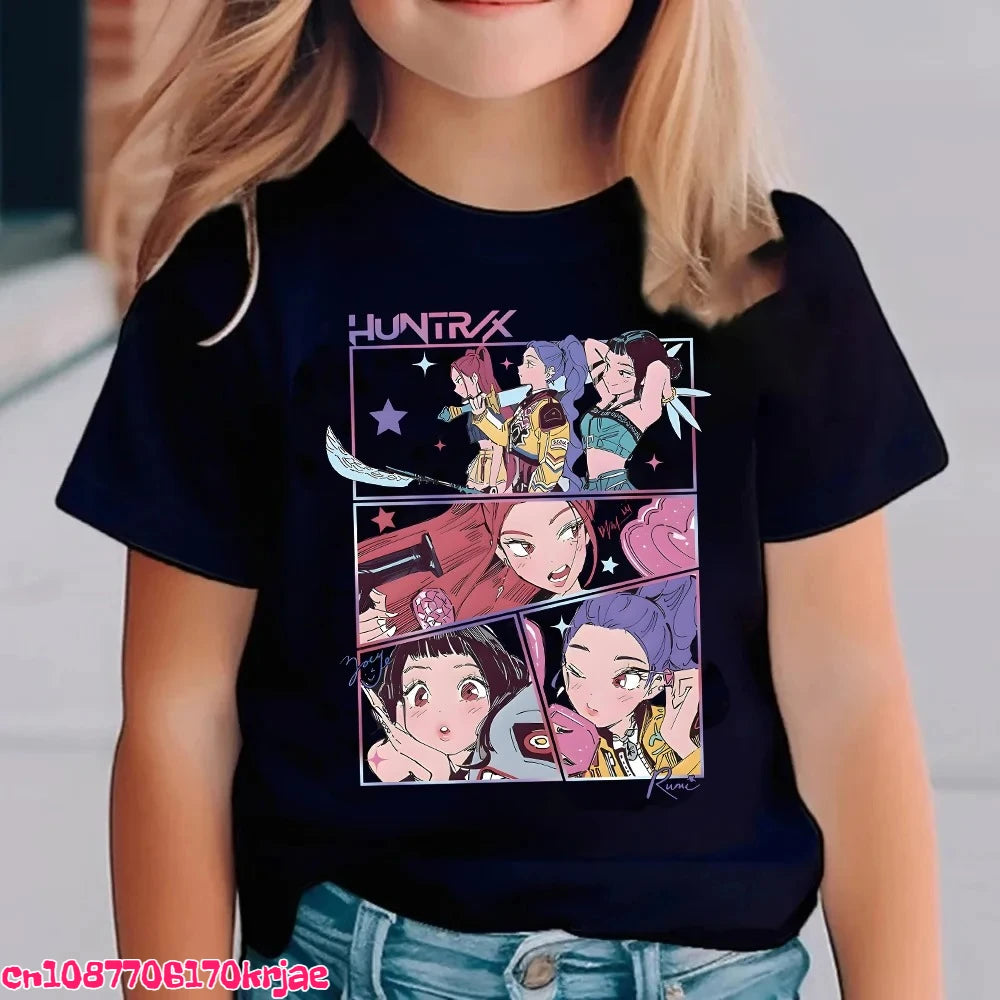 Hot Kpop Demon Hunters Children's T Shirt Short Sleeve Boys Kdis T-shirt Cute Kpop Demon Hunters Harajuku Tshirt for Boys Girls