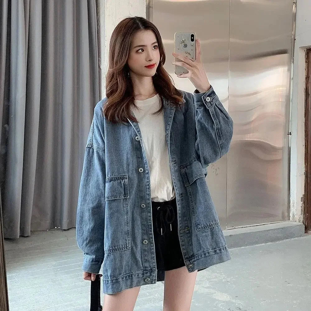 Retro Denim Jacket Versatile Loose Long Sleeve Student Workwear Spring Autumn New Style Korean Version Casual Outerwear