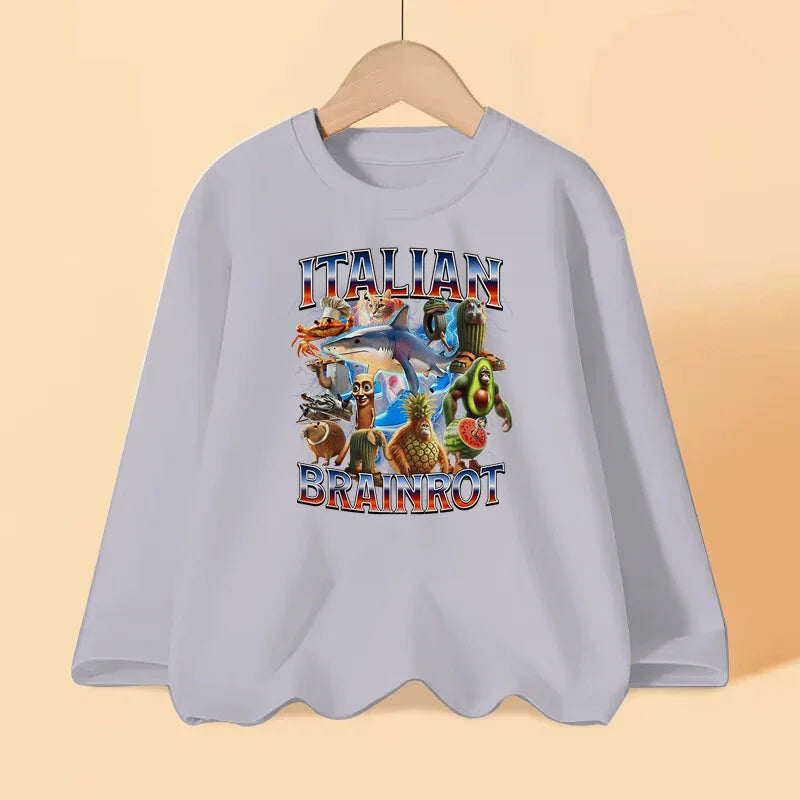 Italian Brainrot Long Sleeve T-shirt for Children Spring and Autumn Cotton Shirt for Boys Girls Cartoon Tops 3-14T