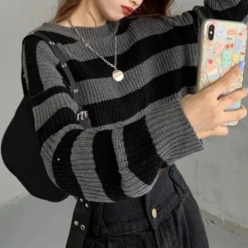 Korean Striped Cropped Knit Sweater