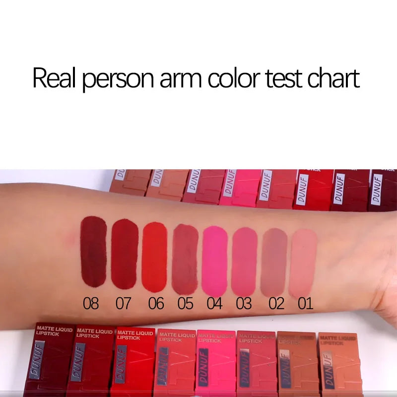 DUNUF  8-color matte velvet smooth easy-to-apply square tube lip gloss waterproof three-dimensional plumping lipstick