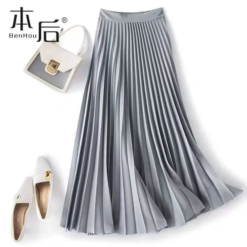 Vintage Satin Pleated A-Line Midi Skirt