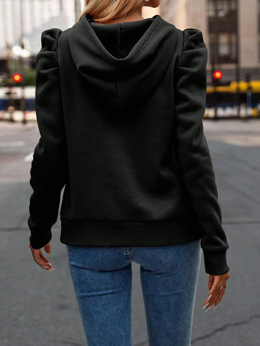 Women Casual Hoodies Long Ruffle Sleeve Solid Lightweight Pullover Tops Loose Sweatshirt with Drawstrings