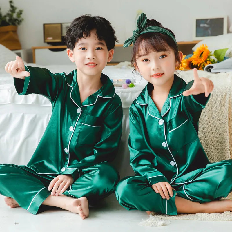 Satin Silk Pajama Set for Kids Boys Girl Long SLeeved Pijamas Children Silky Loungewear Teen Girl Pjs 2 to 4 6 8 10 12 14 Years