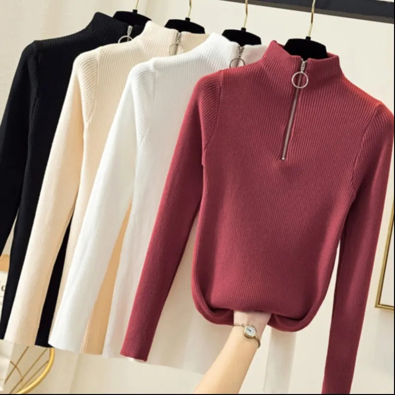 Basic High Neck Zipper Knit Sweater