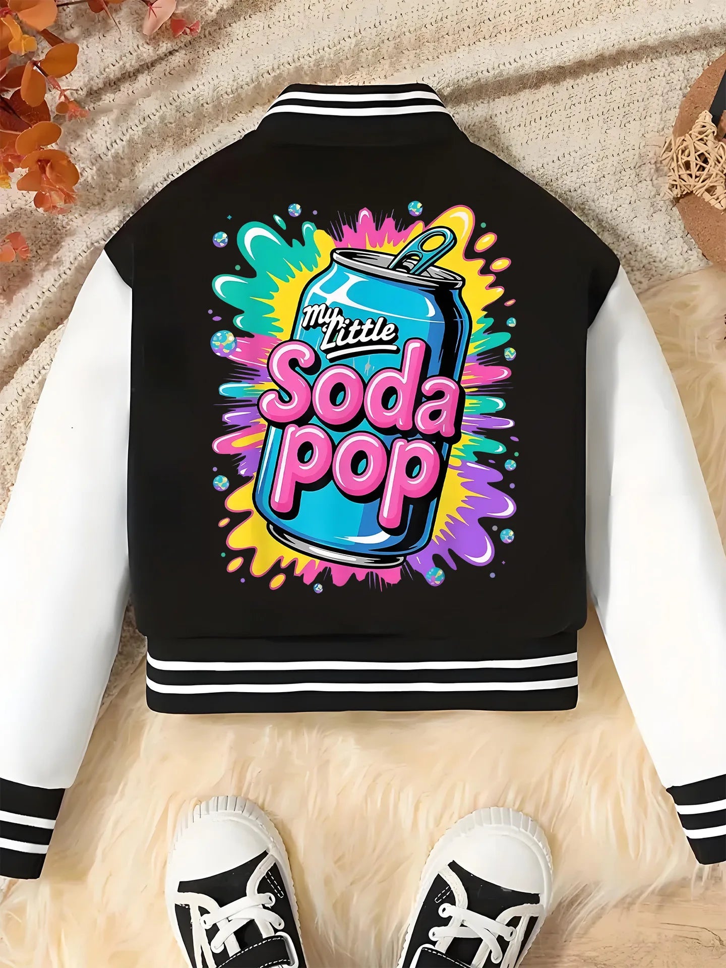 Children's Ins Style Baseball Jacket for Girls, Casual Sports School Clothes, Soda Can Print Jacket, Suitable for Kids Aged 4-14, Short Jacket