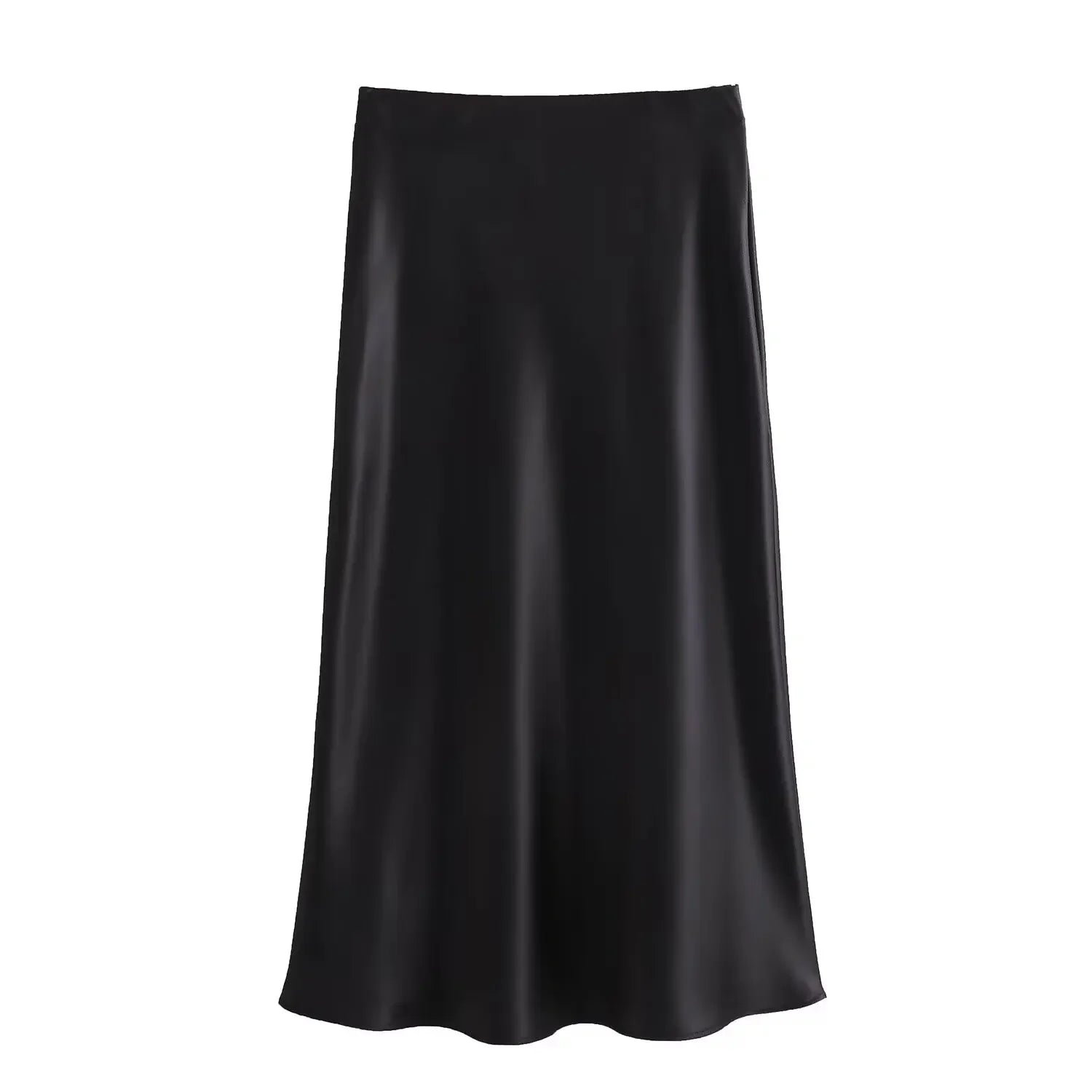 Black Satin High-Waist Midi Skirt