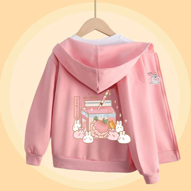Girls Bubble Tea Cartoon Sweater Autumn Long Sleeved Coats with Zipper Pink Cute Hoodies 5-14T