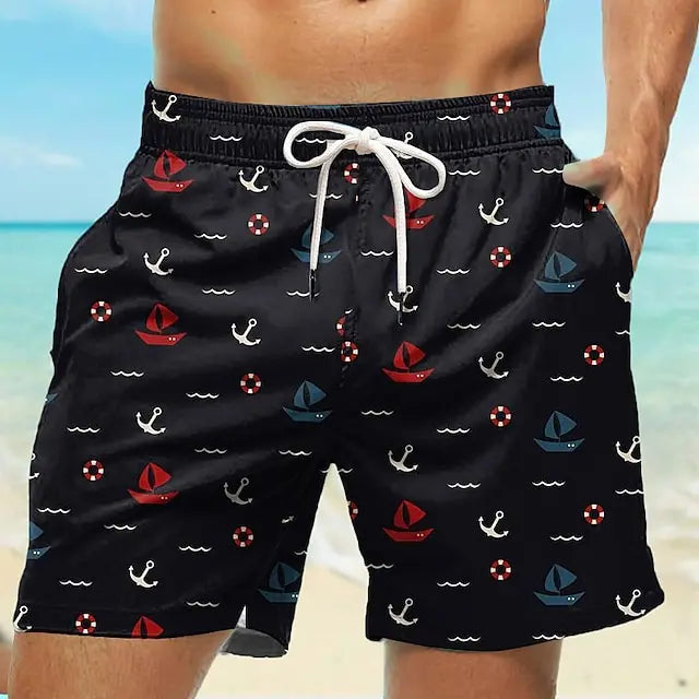Men's Board Shorts Swim Trunks Drawstring Elastic Quick Dry Short Beach Hawaiian Casual Black White Micro-elastic