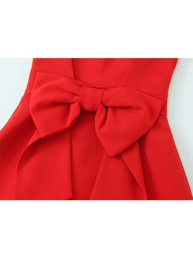 TFMLN New Women Big Bow Straps A-line Dress Summer Backless Sweet Solid Sleeveless Slimming Short Dresses Fashion Party Clothes