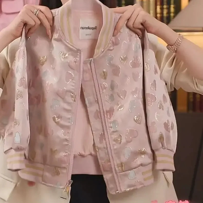 Girls' Chinese Style Embroidered Baseball Jacket - Autumn Jacquard Coat Windbreaker for Big Kids, Lightweight Vintage Outerwear