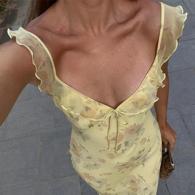 Cryptographic Summer Floral Print Plunge Maxi Dress
