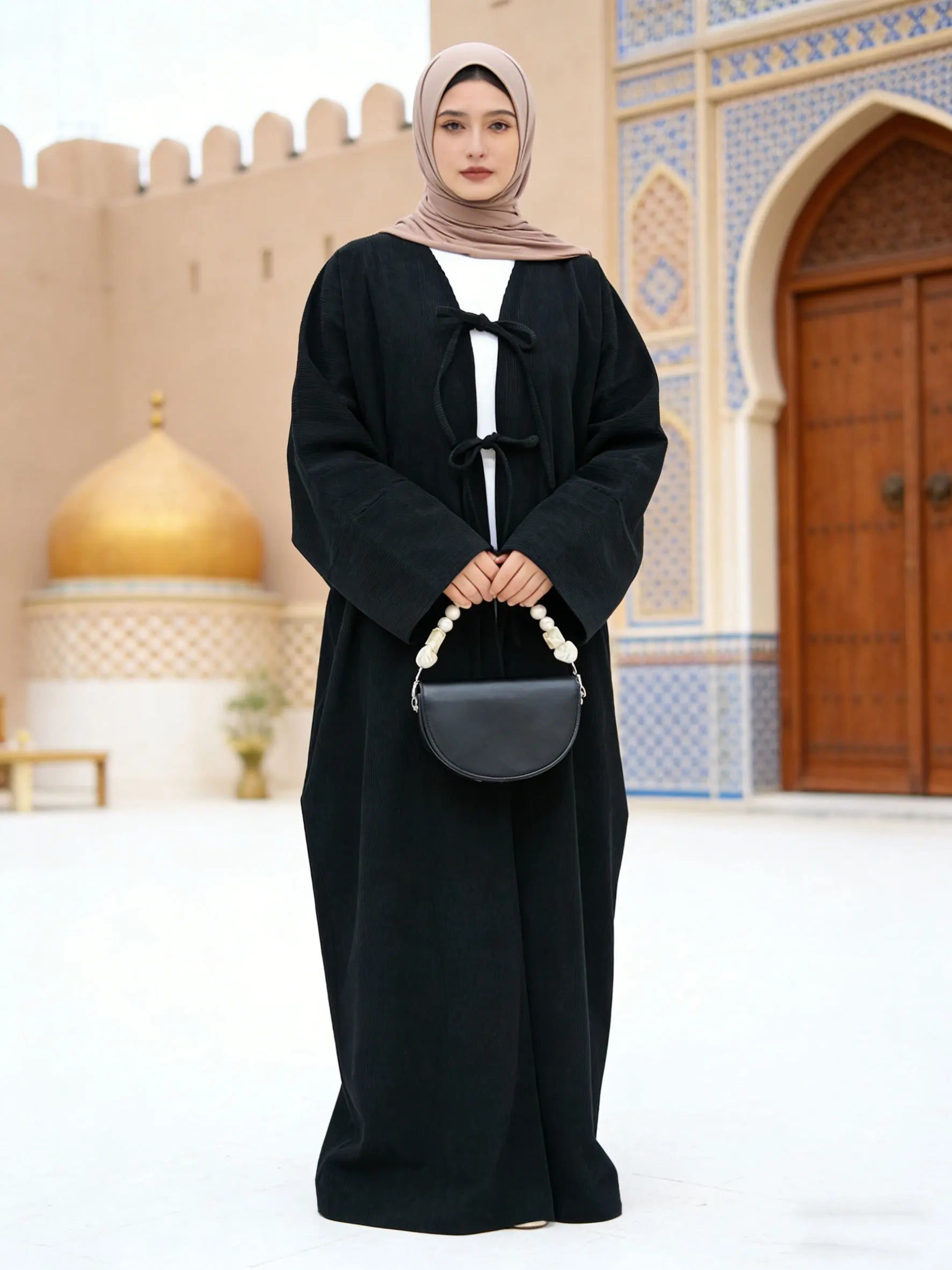 Hot sell Elegant Belted Corduroy Dark Green Abaya Cardigan Women Muslim Modest Outerwear Ramadan Abaya Islam Dubai Arabic Tops