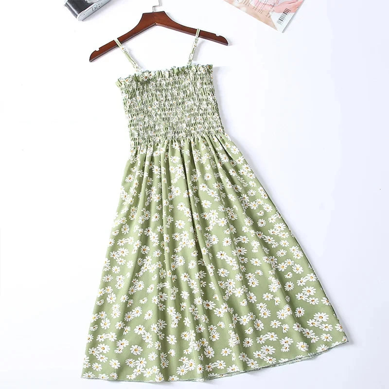 Summer Chiffon Camisole Sleeveless Dress Women Mini Dresses Fashion Elastic  Waist Casual Spaghetti Strap Dresses Vestidos Girls