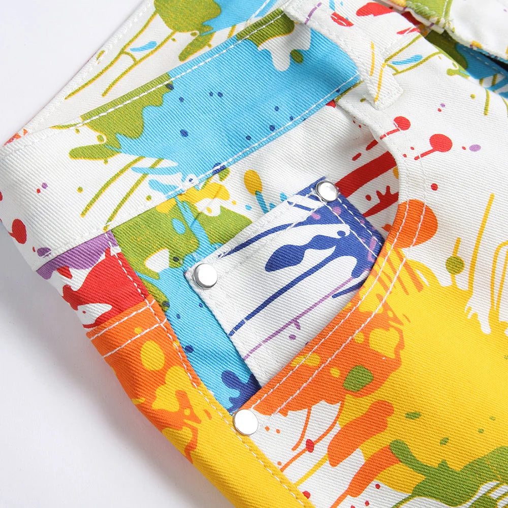 Men Fancy Color Painted Shorts Summer Y2K Stretch Denim Breeches Digital Print White Jeans