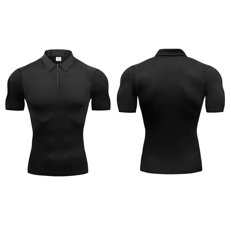 Summer Quick Dry Short Sleeve Polo Shirts Compression Tight Mens Bodybuilding Muscle Shirts Gym Fitness Trainer Trainning Polos