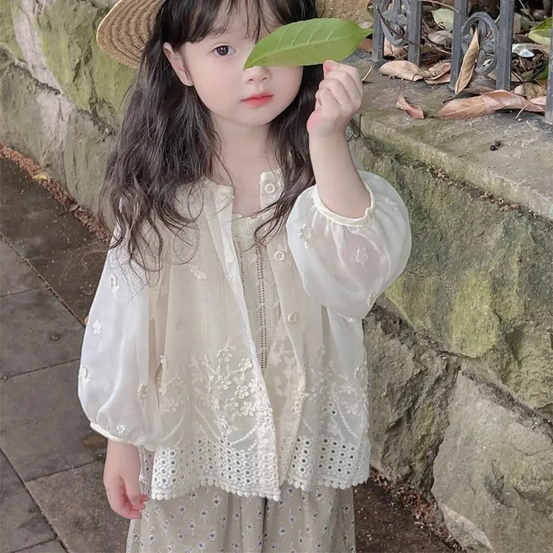 Coat Kid Girl 2025 Summer New Thin Sun-protective Clothing Floral Embroidered Cardigan Sweet Fashion Pastorale Casual