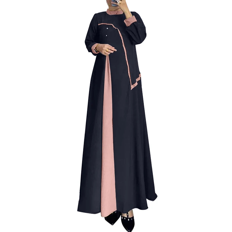ZANZEA Women Vintage Patchwork Dress Robe Femme Islamic Clothing Ramadan Maxi Vestido Casual Long Sleeve Abaya Muslim Sundress