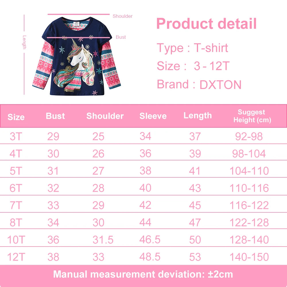 DXTON Children Tops Wear Autumn Striped Sleeve Girls T-shirts Snowflake Kids Tees School Casual Outfits Unicorn Girls Clothing