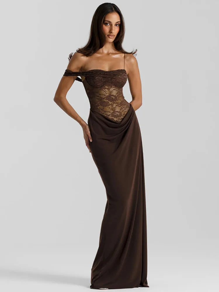 One Shoulder Lace See Through Sexy Maxi Dress Women