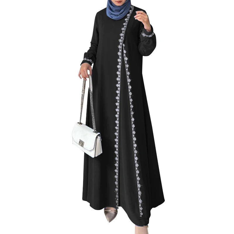 2025 Elegant O Neck Long Sleeve Dresses Women Autumn Maxi Dress ZANZEA Muslim Dubai Abaya Islamic Sundress Patchwork Vestidos