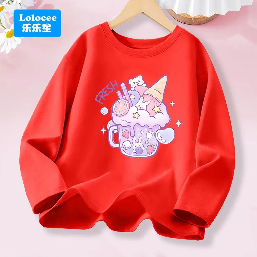 3-14years Girls' Pink Long Sleeve T-shirt - Cute "FRESH" Drink & Animal Print Kids Cotton Top 2026 Spring New