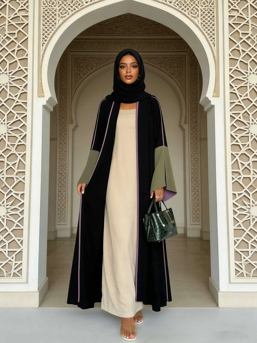 Chic Black Open-Front Abaya Purple Trim & Olive-Purple Color-Block Bell Sleeves Women Muslim Moroccan Kaftan Ramadan Jalabiya