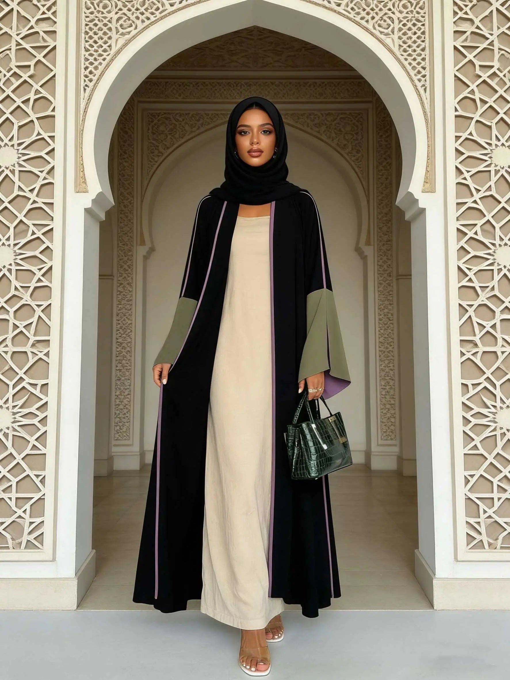 Chic Black Open-Front Abaya Purple Trim & Olive-Purple Color-Block Bell Sleeves Women Muslim Moroccan Kaftan Ramadan Jalabiya