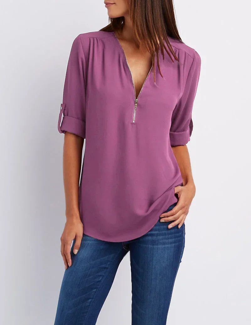 2025 Hot Sale Women Cool Loose Shirt Deep V Neck Chiffon Fashion Blouse Casual Ladies Tops Sexy Zipper Pullover Plus Size