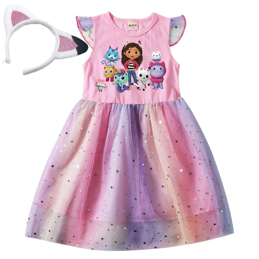 Baby Girls Dress Children Cartoon Mesh Star Sequins Princess Dress Kids Flying Sleeve Skirt For Daily Halloween Birthday Gift