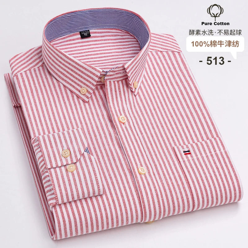 100% Cotton Oxford Men's Shirts Long Sleeves Plaid Soft Regular Fit Formal Dress Shirt Pocket Social Blouse Male Clothes S-7XL