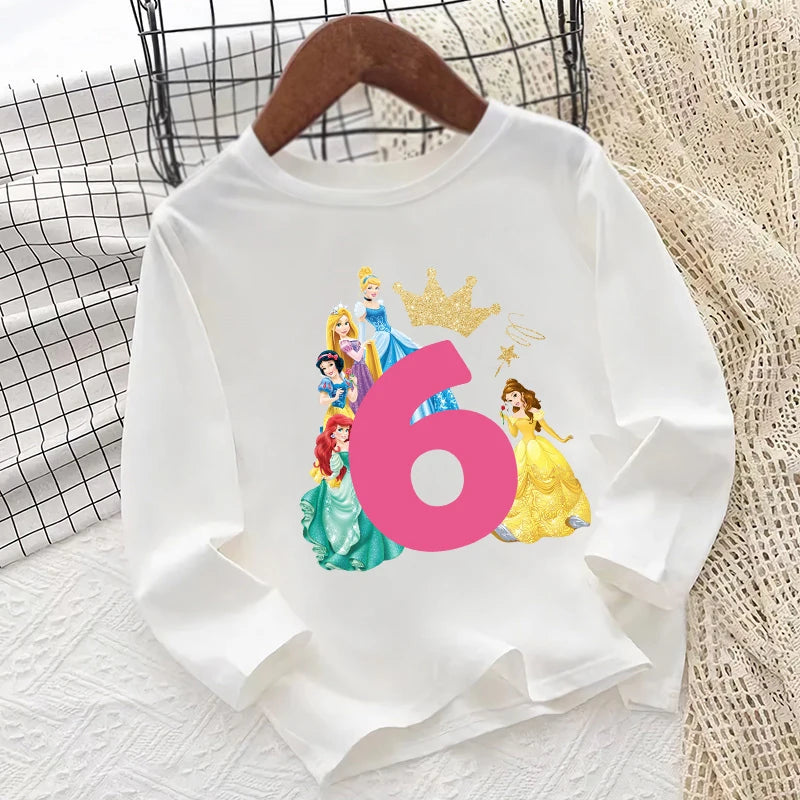 Different Princess Snow White Belle Number  Kids T shirt 1 2 3 4 5 6 7 8 9 Years Birthday Long Sleeve Baby Girls Clothes T-Shirt