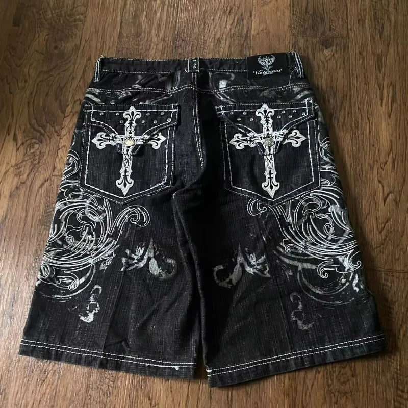 American Retro Gothic Women Denim Shorts Pattern Embroidery Loose Unisex Shorts Y2K Printing Korean Casual Fashion Couple Shorts