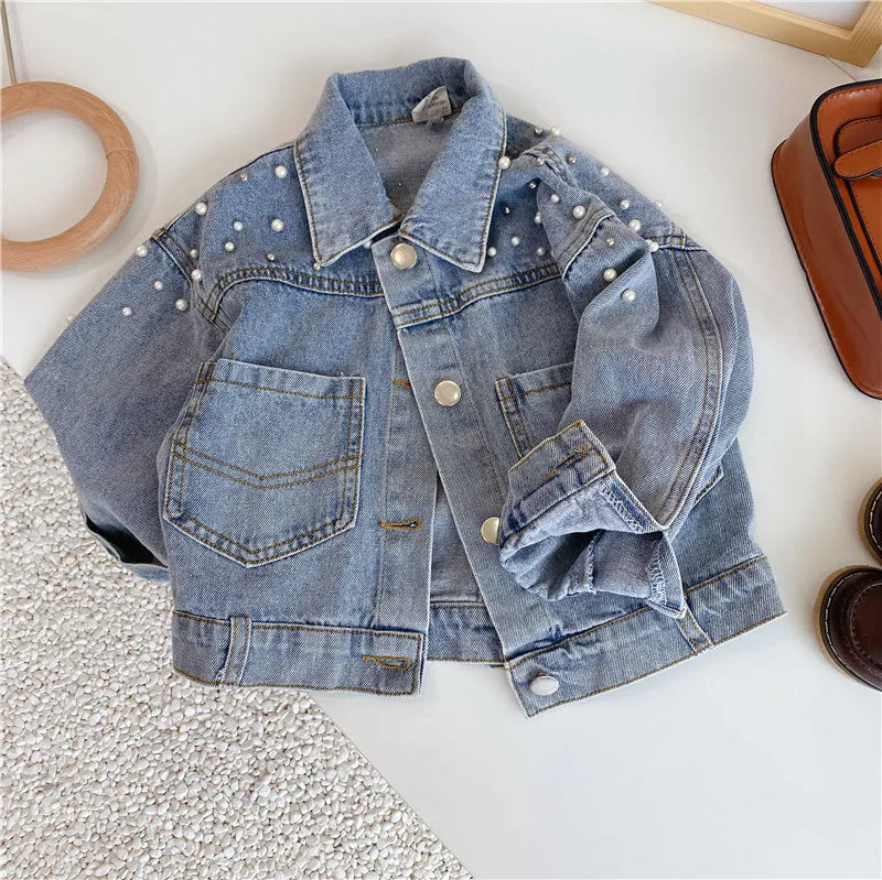 3-10 year old girl denim jacket 2025 new children's pearl long sleeved denim jacket baby Korean version personalized fashioncoat