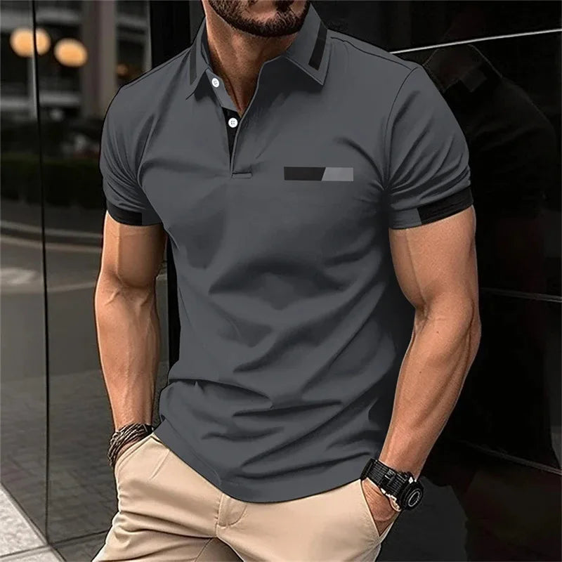 Men's fitness casual sports T-shirt, gym running sports elastic short-sleeved Polo shirt, lapel top, men's tight T-shirt