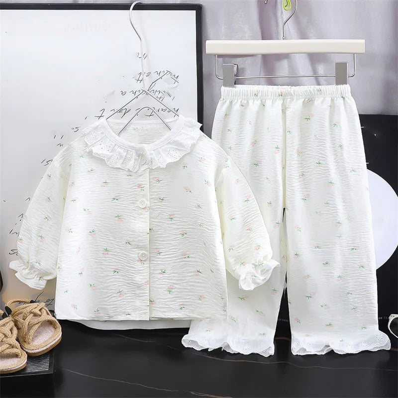 Girls Kids Home Clothes Set New Loose Thin Baby Pajamas Fashion Lace Floral Princess Children Air Conditioner Long Sleeve+Pants