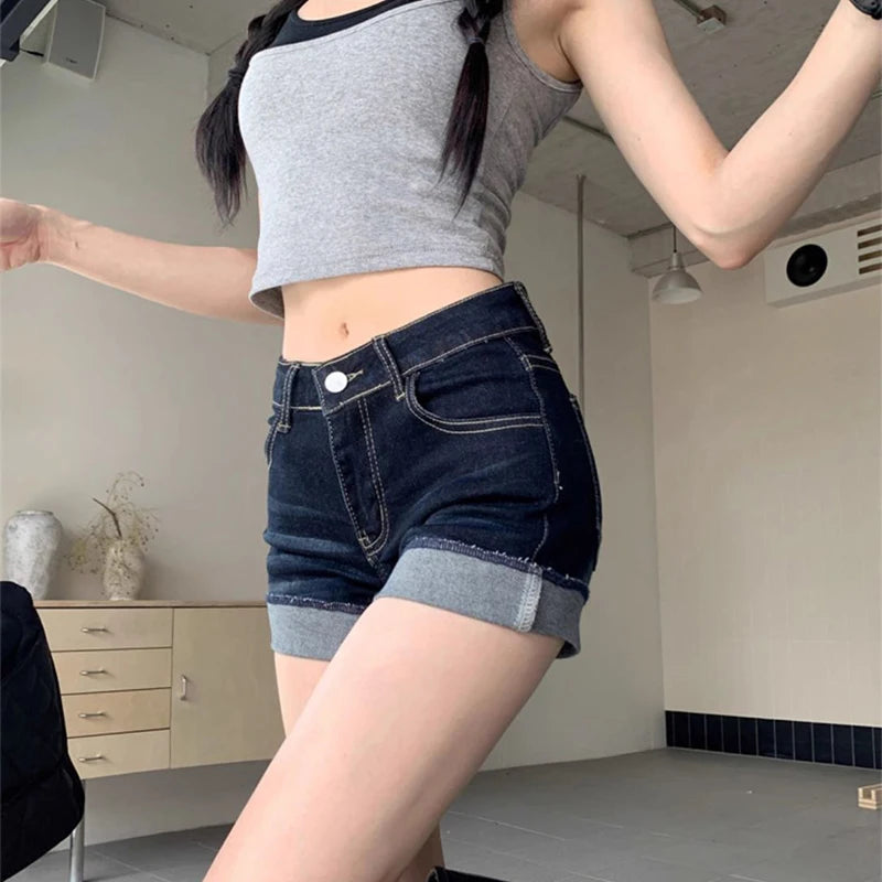 Retro Roll Up Hem Washed Denim Shorts Women Streetwear High Waist Slimming Hot Pants Korean Fashion Deep Blue Hip Wrapping Jeans
