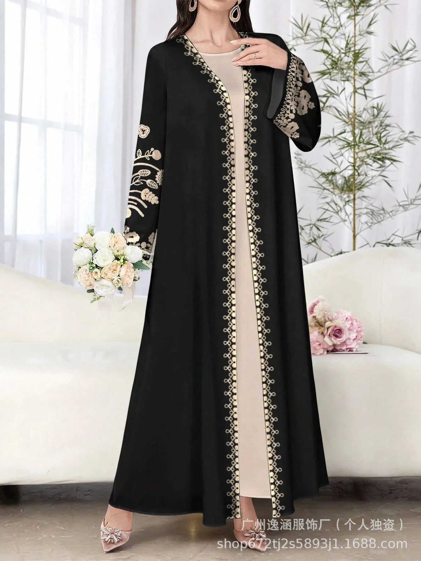Muslim Women's Long Sleeve Printed Abaya Cardigan Elegant Fashion plus Size Outerwear Polyester Fabric Digital Printing