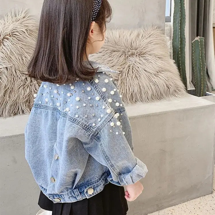 3-10 year old girl denim jacket 2025 new children's pearl long sleeved denim jacket baby Korean version personalized fashioncoat