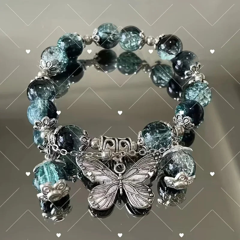 New Trendy Red Crystal Beaded Maple Leaf Bracelet for Women Fashion Butterfly Feather Pendant Bracelet Friendship Jewelry Gift