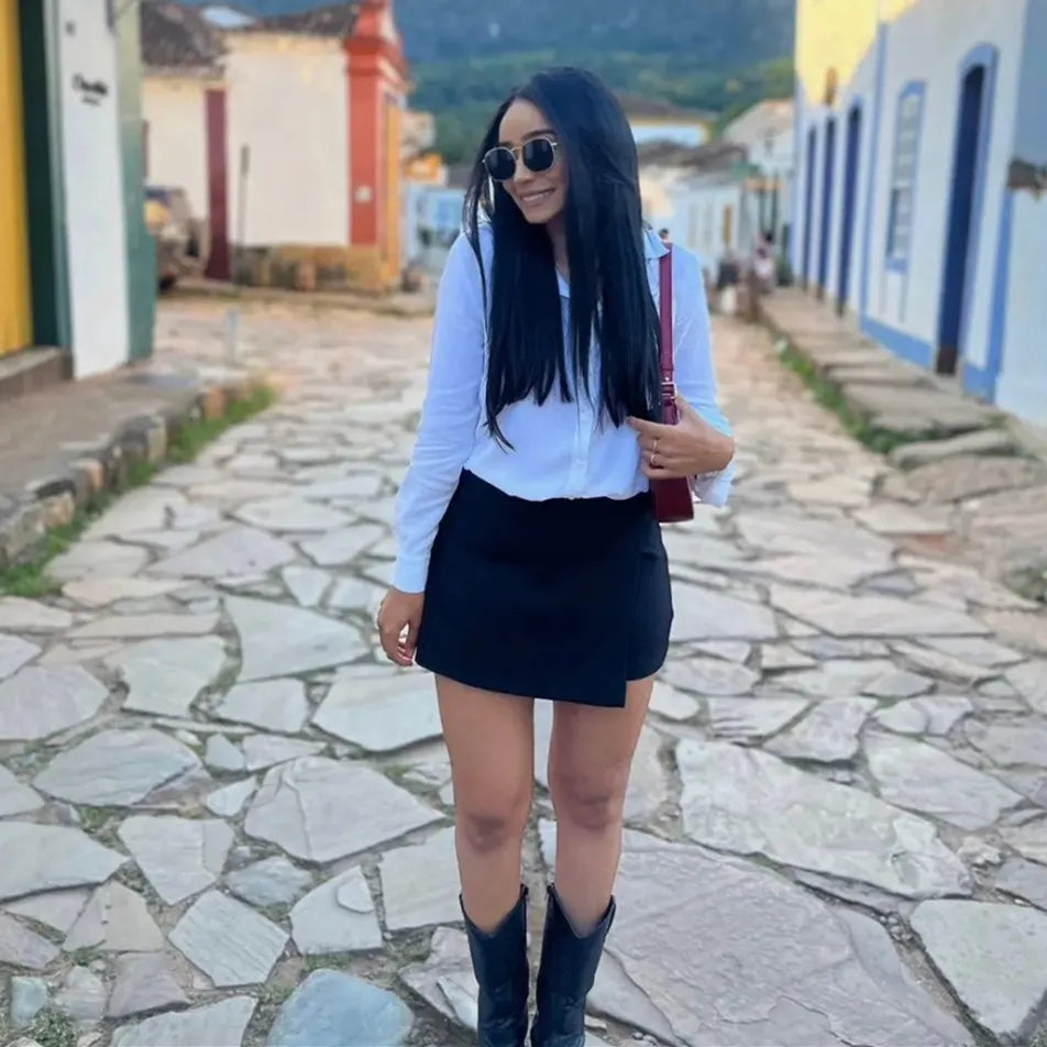 MUJER 2025 Asymmetric Skort For Women Black High Waist Mini Skirt Shorts Women Casual Bermuda Shorts Woman Summer Skirt Shorts