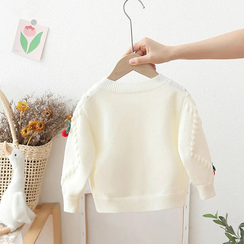 Girls' Sweaters Cardigan Spring Autumn New Love Button Warm Sweater Coats Korean Girls Cute Cherry Thicked Knitted Tops