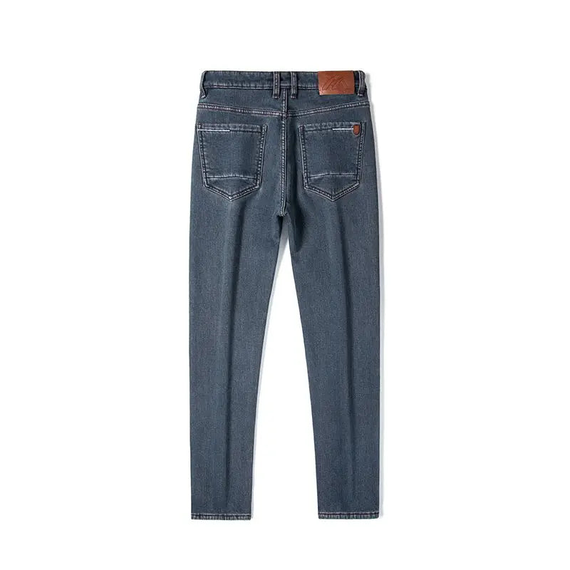 Winter Warm Men's Jeans Fleece Thickened Elastic Smoke Gray Black Business Straight Casual Denim Pants Brand Man PlushClothes